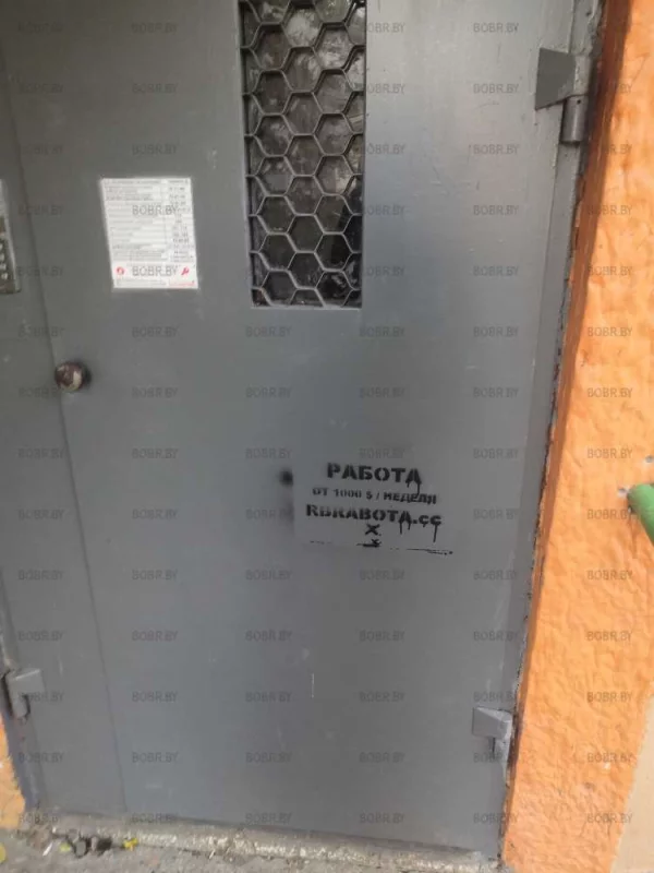 Вот такая вот реклама и испорченная дверь подъезда