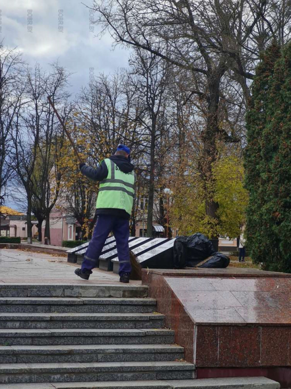 Бобруйские дворники убирают опавшую листву даже в воскресенье.