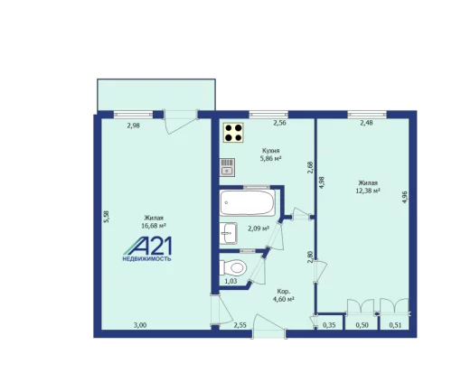 2-комнатная квартира, 44 м², ул. Советская, 138