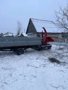 Спил деревьев. Дробление веток в щепу