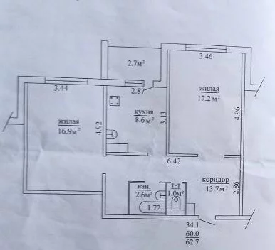 2-комнтаня квартира 60 кв.м. в доме 2011 года постройки