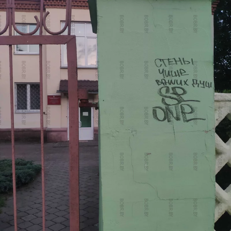 Вандальные надписи у входа в бобруйской архитектурное бюро. Как говорится, нарочно не придумаешь.